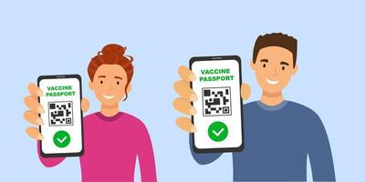 hombre y mujer con código qr, pasaporte de vacuna en la pantalla del teléfono inteligente en la mano vector