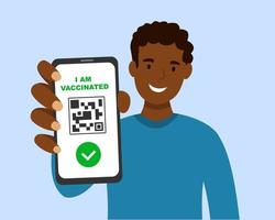 Black man with qr code and inscription - I am Vaccinated, on smartphone screen in hand vector