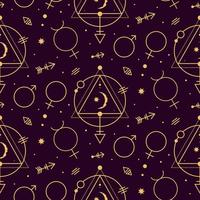 Celestial tarot astrological golden seamless pattern on dark background vector