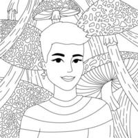Girl with Mushrooms doodle coloring page vector