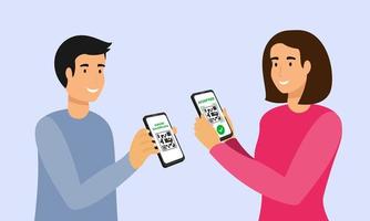 People scanning QR code on a smartphone screen covid certificate. On the second display, the green check mark icon, accepted vector