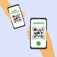 Scanning QR code on a smartphone screen of a covid certificate. On the second display, the green check mark icon, accepted vector