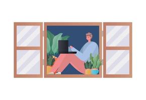 Hombre con laptop trabajando en diseño vectorial de ventana vector