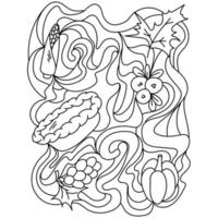 Thanksgiving coloring page, Various vegetables and fruits and leaves with ornate patterns vector