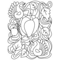 Página para colorear de acción de gracias, dos pavos, calabaza y maíz con patrones ornamentados vector