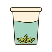 Vaso de té con hojas de línea y diseño de vector de icono de estilo de relleno