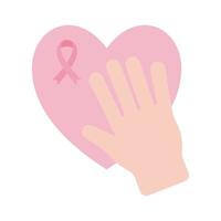 breast cancer ribbon in heart with hand flat style icon vector design