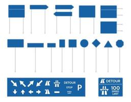 Blank blue road signs isolated on white background. Set of european traffic signs. Collection temporary traffic signs. Vector illustration.