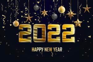 Happy New Year 2022. Christmas black background decorated with gold sparkles and stars. Vector illustration.