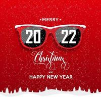 Gafas de hipster rojo sobre fondo de nevadas. 2022 feliz año nuevo y feliz navidad paisaje. vector