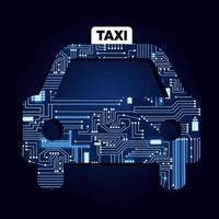 Taxi symbol with a technological electronics circuit. Blue background. vector