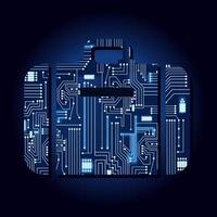 Suitcase symbol with a technological electronics circuit. Blue background. vector