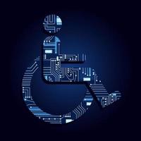 Wheelchair user symbol with a technological electronics circuit. Blue background. vector