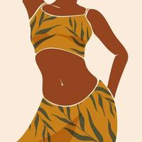 Dibujado a mano vector abstracto plano gráfico ilustración de moda estética contemporánea con bohemio, moderno cuerpo femenino afroamericano en moda simple