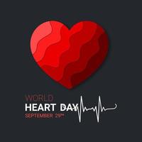 emblema del día mundial del corazón con imagen de corazón rojo sobre fondo oscuro. signo médico el 29 de septiembre. ilustración vectorial.