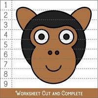 Worksheet. Game for kids, children. Math Puzzles. Cut and complete. Learning mathematics. Ape Face. vector