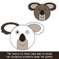 Color Koala Face. Restore dashed lines. Color the picture elements. Page to be color fragments. vector