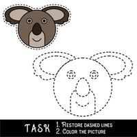 Drawing worksheet for preschool kids with easy gaming level of difficulty, simple educational game for kids one line tracing of Koala Face vector