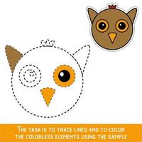 Color Owl Face. Restore dashed lines. Color the picture elements. Page to be color fragments. vector