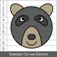 Worksheet. Game for kids, children. Math Puzzles. Cut and complete. Learning mathematics. Bear Face. vector