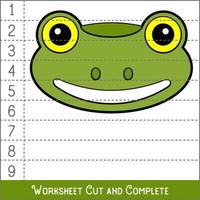 Worksheet. Game for kids, children. Math Puzzles. Cut and complete. Learning mathematics. Frog Face. vector