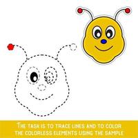 Color Bee Face. Restore dashed lines. Color the picture elements. Page to be color fragments. vector