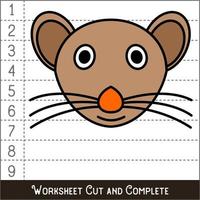 Worksheet. Game for kids, children. Math Puzzles. Cut and complete. Learning mathematics. Mouse Face. vector