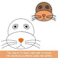 Color Sea Lion Face. Restore dashed lines. Color the picture elements. Page to be color fragments. vector