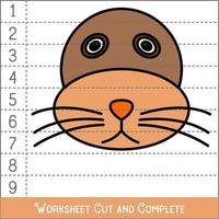 Worksheet. Game for kids, children. Math Puzzles. Cut and complete. Learning mathematics. Sea Lion Face. vector