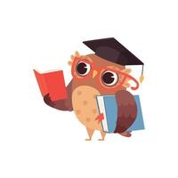 autoeducación búho leyendo libros aislado inteligente personaje dibujos animados pájaro con gafas estudiando ilustración vectorial búho obtener educación aprendizaje lectura