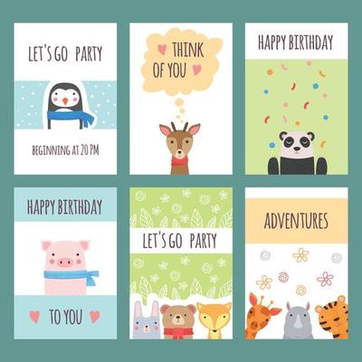 Cute animals cards design with baby wild animals kids shower labels poster placards vector