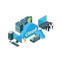 Cloud storage concept isometric data transfer vector illustration businesspeople housewife used cloud storage data cloud hosting isometric database storage