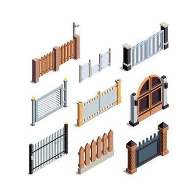 Construction fences garden door gate metals wooden panels railing fences vector isometric illustration barrier border protection fence