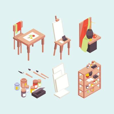 Art studio professional artists designers creators items easels brushes paints podium working place vector isometric professional art studio paint isometric school illustration