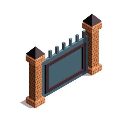 Construction fences garden door gate metals wooden panels railing fences vector isometric illustration barrier border protection fence