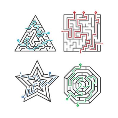 Game maze labyrinth collections various shapes with many entrance gate set maze game complexity challenge task puzzle labyrinth illustration