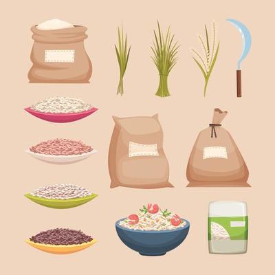 Rice grained storage sacks rice products grained agricultural food vector illustrations cartoon style rice product food storage grain bag burlap