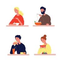 People eating hungry characters with different food person eating flat pictures guy eating drink people sitting table with food illustration vector