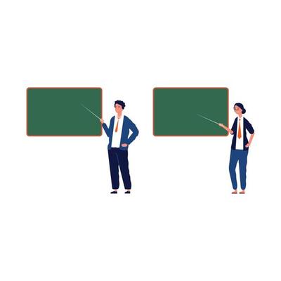 Teachers blackboard male female professors trainees school college studying process vector illustration teacher near blackboard classroom chalkboard university