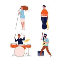 Music band characters rock group musicians singing playing instrument performing stage vector rock concert musical band musician group performance illustration