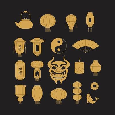 Asian symbols silhouettes chinese golden paper lanterns mask dragon fish coins traditional china festive illustrations