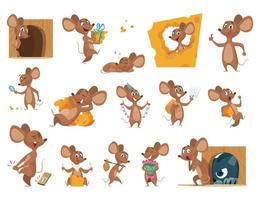 ratón dibujos animados pequeños ratones acción poses laboratorio animales amigable mascota mascotas vector personajes ilustración ratón comiendo queso situación con gato