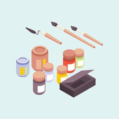 Art studio professional artists designers creators items easels brushes paints podium working place vector isometric professional art studio paint isometric school illustration