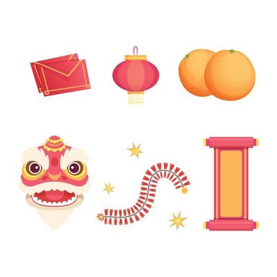 Asian festive elements dragon mask fireworks drum scrolls paper lantern coins isolated set illustration festival traditional object collection