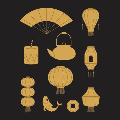 Asian symbols silhouettes chinese golden paper lanterns mask dragon fish coins traditional china festive illustrations