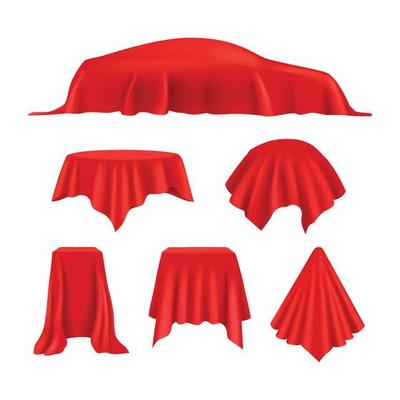 Red silk covered revealer cloth realistic exhibition curtains royal cover display vector collection