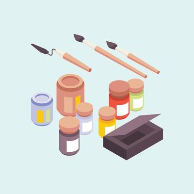 Art studio items artists paints brushes with easels working tools designers isometric collection studio art with easel brush hobby illustration