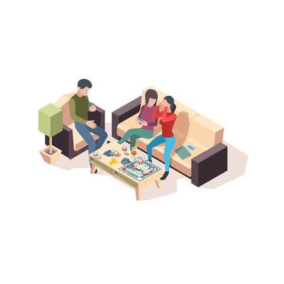 Family playing board game cards monopoly chess home leisure playing vector isometric happy people family game together board play illustration