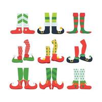 pies de elfo personaje de cuento de hadas de navidad coloridas botas elegantes zapatos de santa leggings conjunto de dibujos animados zapatos de elfo pies piernas ilustración a rayas vector