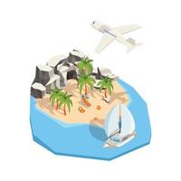 Isometric island dream holiday vacation seaside summer passenger ship travel tour concept ocean island sea island isometric journey relaxation illustration vector